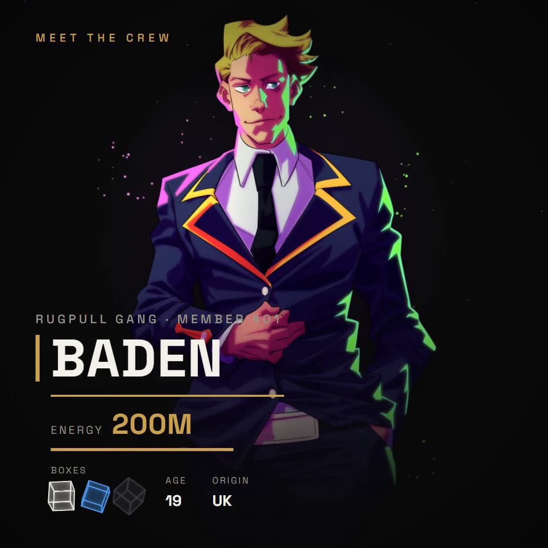 Baden, member #01 of the Rugpull Gang — the only member whose card carries three boxes