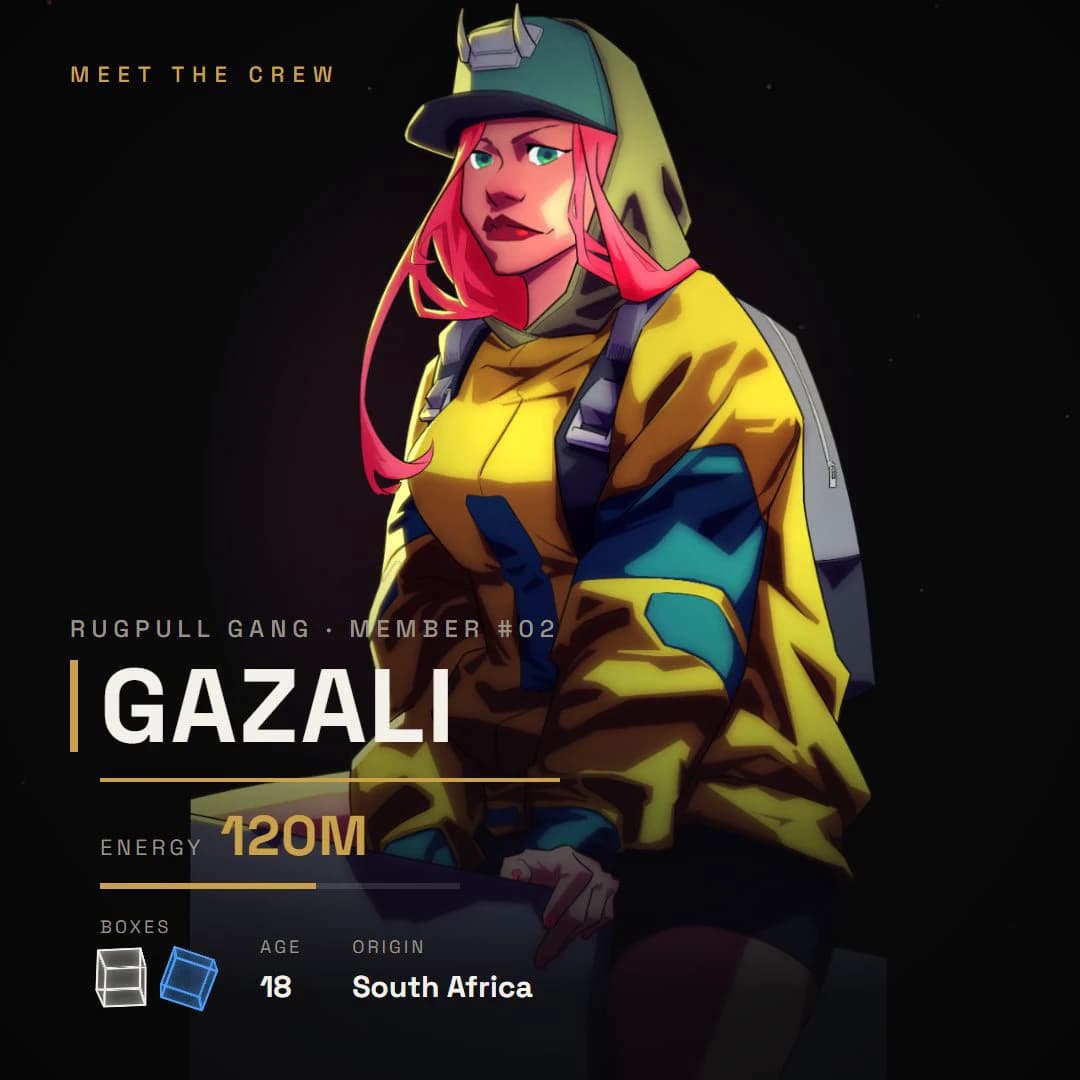 Gazali, member 02 of the Rugpull Gang — energy 120M, origin South Africa